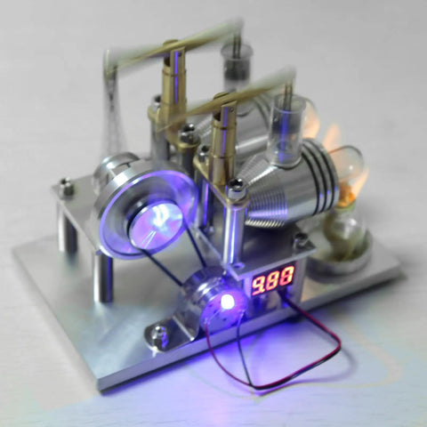 Top-Tier Stirling Engine Generator Model Set 3 Twin-Cylinder Brass And Aluminum Alloy Desktop Physics Demo Kit with illuminated flywheel.