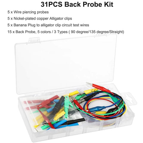 31 Piece Back Probe Kit With Banana Plug To Copper Alligator Clip Test Leads Insulation Piercing Probes And Nickel Plated Clips Automotive Diagnostic Wires Set With clear storage case