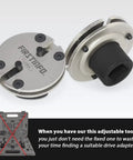 Slick 3/8 Inch Drive 2 And 3 Pin Brake Caliper Piston Rewind Tool Rotates Pistons Back 20 To 35 Mm close-up of adjustable tool with socket drive.