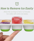Top-Shelf Silicone Ice Cube Trays 4 Pack With Tight-Fitting Lids Easy-Peel Design showing hand removing an ice cube.