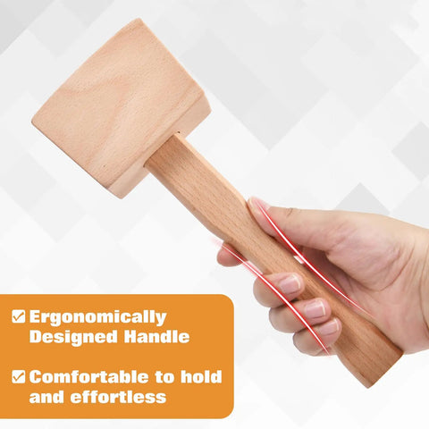 Hand holding 9.5 Inch Beech Wood Mallet for Do It Yourself Woodworking and Leather Craft Projects, ergonomic handle