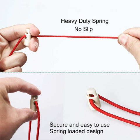 8 Pack Spring Cord Locks Plastic End Stopper Single Hole Toggle Fasteners For Drawstrings Shoelaces Tents And Tie Downs Beige Durable Quick Grip DIY Rope End Clips, beige plastic spring lock on red cord