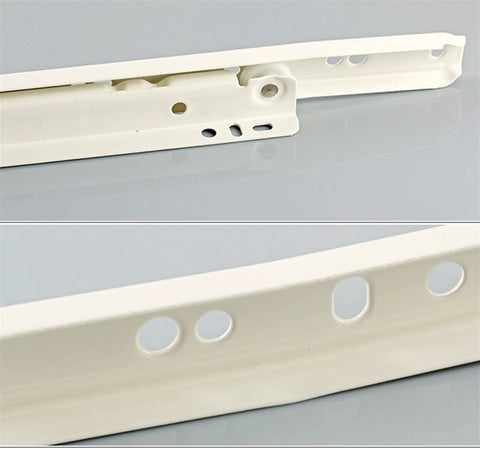Close-up of 12-inch full extension drawer slides in white, showcasing smooth quiet operation and tool free installation details.