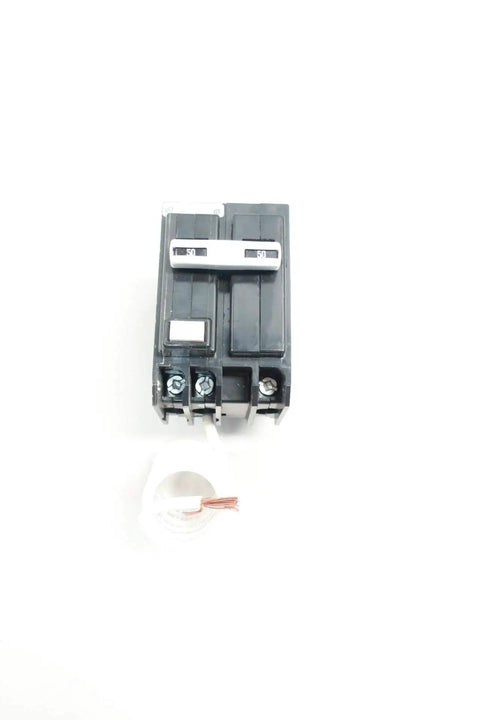 QBGFT2050 Two Pole 50 Amp Miniature Circuit Breaker 120/240V AC front view with screw terminal and copper wire visible