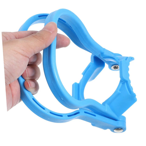 Hand holding blue Gallon Water Bottle Handles 4 Pack Ergonomic Water Jug Lifters Carrier to Haul Heavy 5 Gallon Bottles