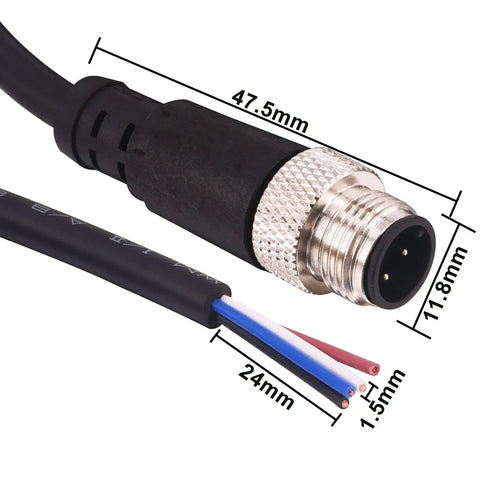Close-up of M12 4 Pin Sensor Connector Cable Straight Male Aviation Wire 6.5Ft Waterproof IP67 with measurements.