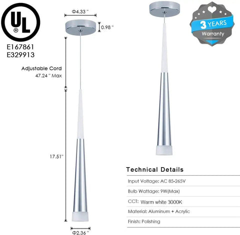 Diagram of single light from 3 Pack Modern Mini Island Pendant Lights With Acrylic Shade LED Adjustable Cone Pendant Lighting For Kitchen Island Dining Room Bar Warm White 3000K