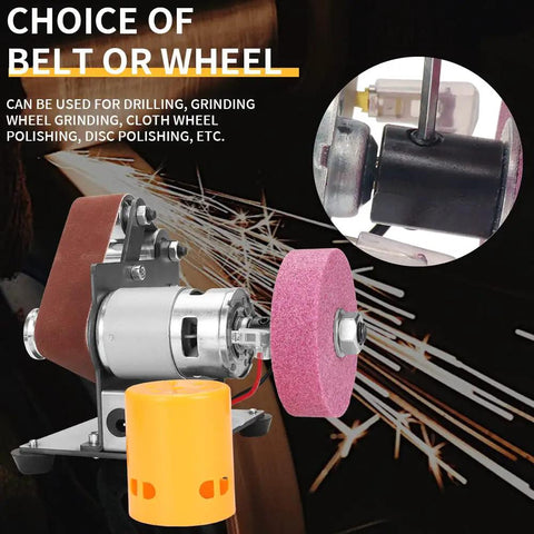 Mini Belt Sander With 7 Speed Adjustable Electric Bench Grinder showcasing belt and wheel options for woodworking and metalwork