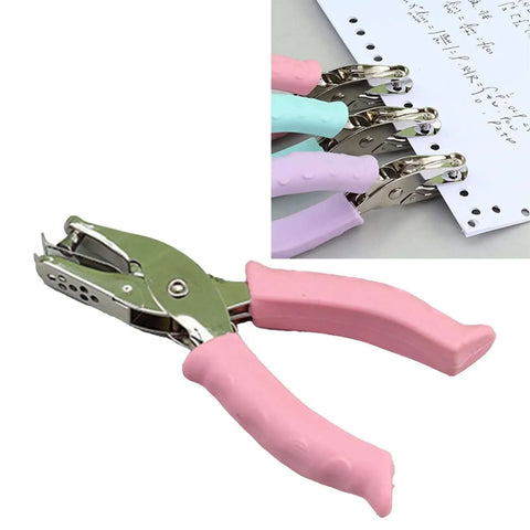 6mm Handheld Single Hole Punch for paper with durable metal body and rubber grip handle, shown punching paper, ideal for school or office use.