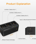 Diagram of DJI Mavic 3 Pro Battery Charger Hub 200W Fast Charging Station with labeled slots and dimensions.