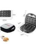 5 in 1 Electric Waffle Maker With Non Stick Coating For Quick Cooking Of Donuts Cake And Panini Presses showing dimensions and compartments.