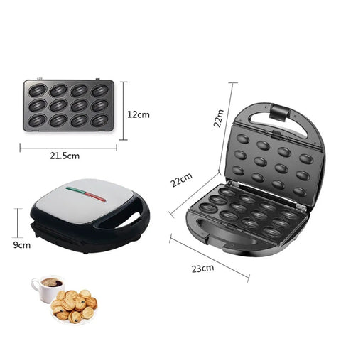 5 in 1 Electric Waffle Maker With Non Stick Coating For Quick Cooking Of Donuts Cake And Panini Presses showing dimensions and compartments.