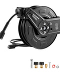 Heavy Duty Pressure Washer Hose Reel 60 Feet By One Quarter Inch Auto Rewind Steel Wall Mount For Car Wash Garden And Floor Cleaning 4000 PSI Max Smooth Retractable Hose Reel With Tangle Free Operation, side view with accessories