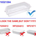 Pack Of 2 Clear Door Shelf Bins For Whirlpool Refrigerators Replacement WPW10321304 with white rim, incorrect fit warning.