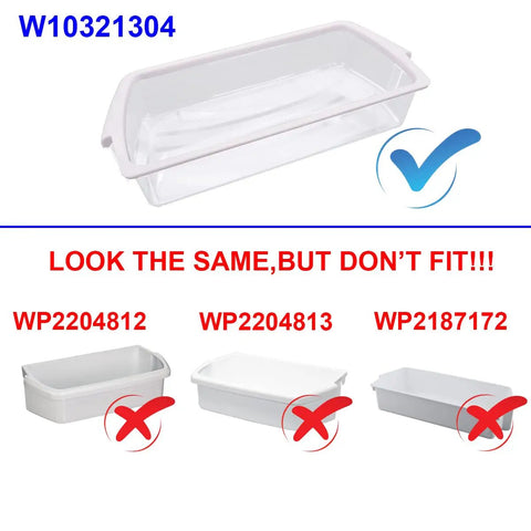 Pack Of 2 Clear Door Shelf Bins For Whirlpool Refrigerators Replacement WPW10321304 with white rim, incorrect fit warning.