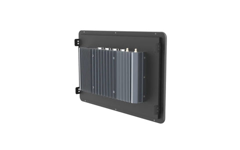 21.5 Inches Industrial Touchscreen Panel PC Running Windows 11 Pro With Intel Celeron J6412 Chipset showcasing fanless design with a rugged aluminum body.