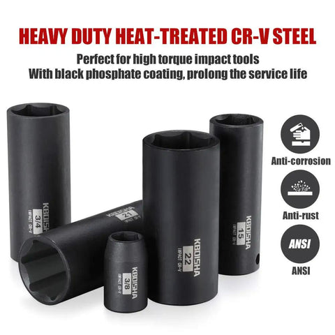 3/8 Inch Drive Impact Socket Set, 49 Piece 6 Point SAE and Metric, Chrome Vanadium Heat Treated Sockets with anti-corrosion features
