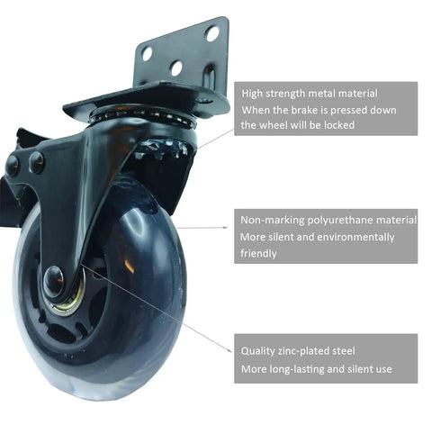 Side Mount Caster Wheels Set Of 4 With Brakes For Furniture And Equipment 3 Inch L Shaped Beefy 600 Lb Capacity Ideal For Tables Cabinets Baby Beds And More, close-up view