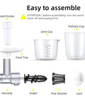 Components of Masticating Juicer Attachment For Stand Mixers And Cuisinart SM50 Series Slow Cold Press Juicing No Fuss All In One