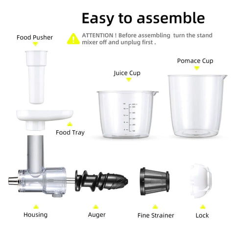 Components of Masticating Juicer Attachment For Stand Mixers And Cuisinart SM50 Series Slow Cold Press Juicing No Fuss All In One