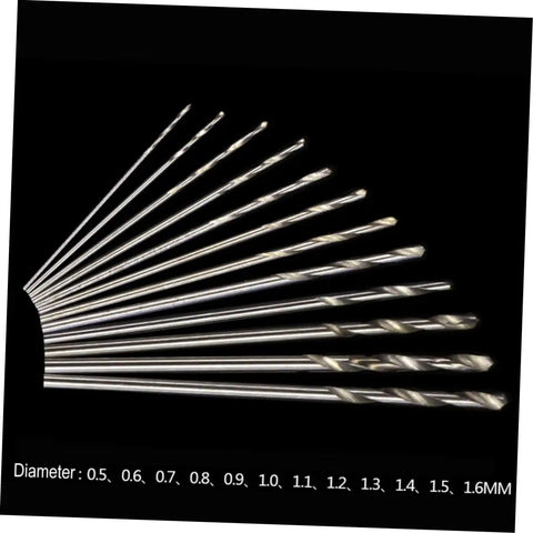 50 Piece Drill Bit Set For Wood Plastic Aluminum And Steel With PCB Shank Kit arranged by diameter against black background