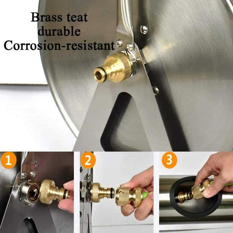 Heavy Duty Stainless Steel Garden Hose Reel Wall Mounted Retractable Anti Kink Water Pipe Holder For Yard Chores And Car Washing Smooth Pull Design close-up of brass connection fitting.