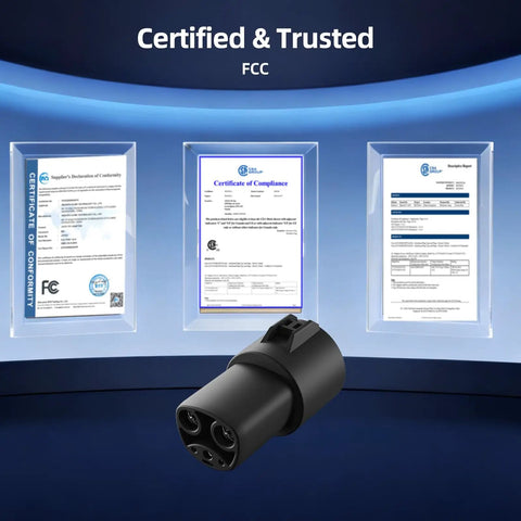 Badass J1772 To Tesla Charging Adapter With 80 Amp Fast Plug Capability, FCC certified surrounded by compliance certificates.