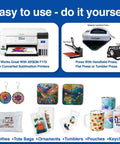 Image showing easy-to-use sublimation tools with vibrant examples, featuring Pro Grade Sublimation Paper 8.5 x 11 Inch 100 Sheets.