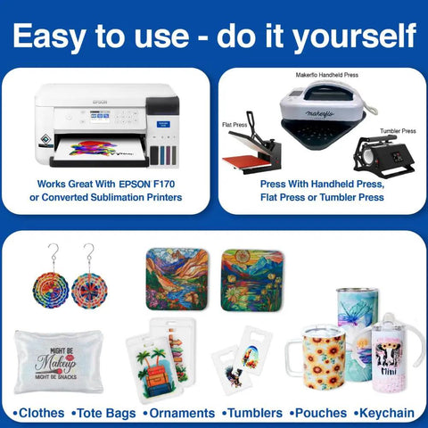Image showing easy-to-use sublimation tools with vibrant examples, featuring Pro Grade Sublimation Paper 8.5 x 11 Inch 100 Sheets.