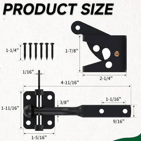 Product dimensions of Heavy Duty Self Locking Gate Latch Featuring Automatic Gravity Lever For Wood Fence with screws.
