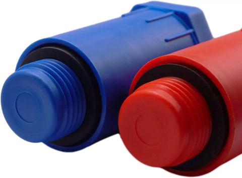 Close-up of Six Pack One Half Inch Water Pressure Construction Testing Plugs Pro Grade With Sealing Gaskets Red And Blue External Thread