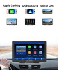 9 Inch Wireless CarPlay Screen For Cars With Android Auto, Touch Screen Display, mounted on car dashboard displaying interfaces