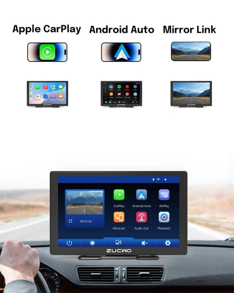 9 Inch Wireless CarPlay Screen For Cars With Android Auto, Touch Screen Display, mounted on car dashboard displaying interfaces