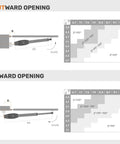 Diagram showing measurements for Heavy Duty Dual Automatic Swing Gate Opener, outward and inward opening details with angles.