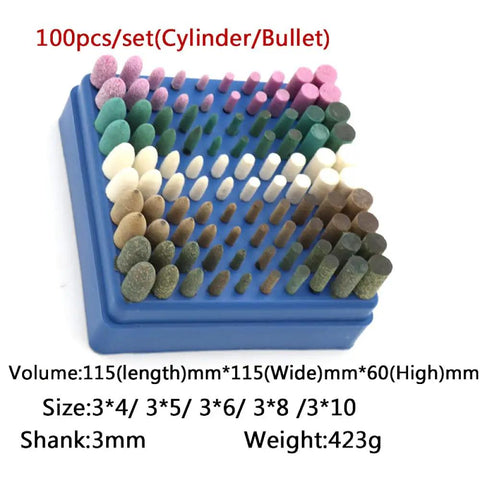 Epic 100-Piece Assorted Mounted Point Kit Includes Grinding Heads Polishing Wheels Wool Felt Rubber Abrasives 3Mm Shank Rotary Tool Bits organized in a blue tray.