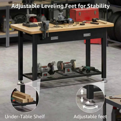 Beast Heavy Duty Work Bench With Drawer and Storage, 2000 Lbs Steel Frame, Wood Top, Garage Setup, Adjustable Feet
