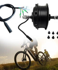 Electric Bike Hub Motor 36V 250W And 48V 350W Brushless Rear Wheel Drive shown with 9 pin connector and cyclists.