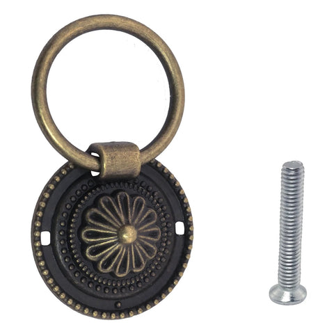 Antique Bronze Floral Pattern Drawer Pull Ring with Durable Screw, Vintage Zinc Alloy 36mm Dresser Pull Handle, Cabinet Knob Hardware Set