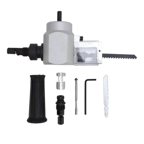 Thonlai Dual Purpose Sheet Nibbler Cutter & Drill Tool Attachment with 360 Degree Adjustable Blade Holder components, tools, and accessories laid out.
