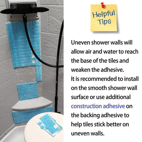 Rainbow Peel And Stick Glass Tile Backsplash Kit For Kitchen And Bathroom, blue mosaic tiles on uneven shower wall