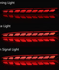 Slick All-In-One Rear Bumper Combo Lights For Tesla Model Y 2020-2023 glowing red, showcasing running, brake, and turn signal lights.