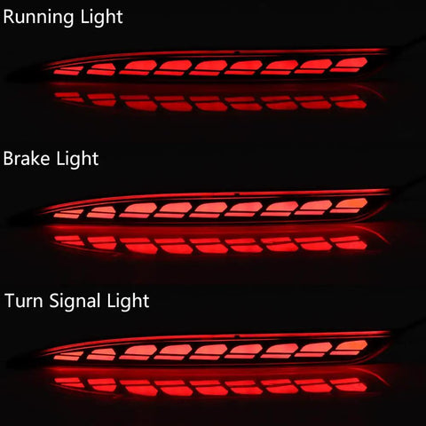Slick All-In-One Rear Bumper Combo Lights For Tesla Model Y 2020-2023 glowing red, showcasing running, brake, and turn signal lights.