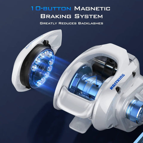 Centron Lite Baitcasting Reel with 10-button magnetic braking system and glass fiber nylon frame, open view.
