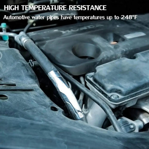 Automotive engine with Heavy Duty Aluminum Foil Tape for HVAC Ducts 2 Inch sealing a water pipe, highlighting heat resistance.