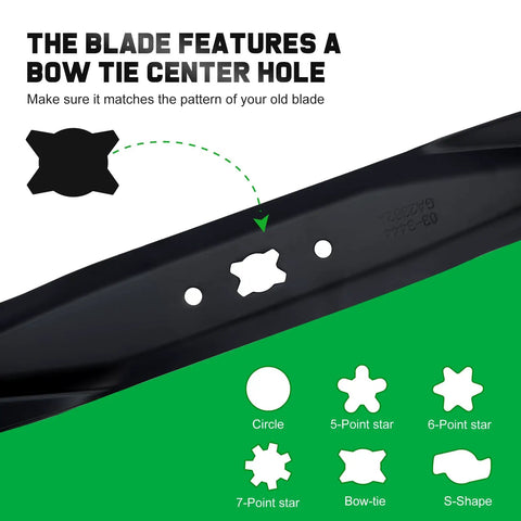 Close-up of 21 Inch Mulching Blade Replacement for Troy Bilt Cub Cadet Walk Behind Self Propelled Mowers showing bow tie center hole.