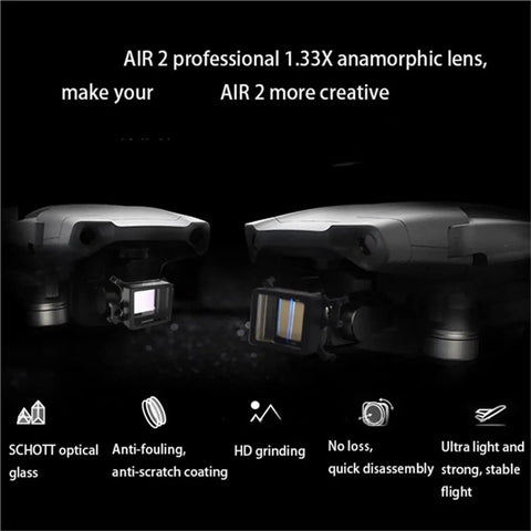 Mavic Air 2 3 In 1 Lens Kit With Anamorphic 1.33x Wide Angle And Fisheye Lenses on drone, showcasing features and benefits.