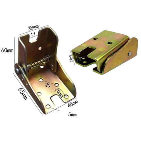 Four Pack Rock Solid Folding Brackets With Self Locking Hinges And Angle Fittings For Table Legs showing dimensions and metal construction.