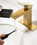 Brushed Gold Single Hole Bathroom Faucet With Pop Up Drain, Modern One Handle Vanity Sink Tap, Deck Plate Included, 1.2 GPM