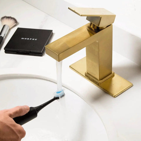 Brushed Gold Single Hole Bathroom Faucet With Pop Up Drain, Modern One Handle Vanity Sink Tap, Deck Plate Included, 1.2 GPM
