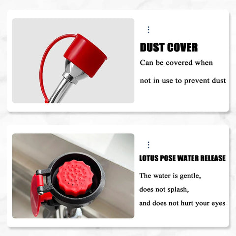 Faucet Mounted Emergency Eye Wash Station Kit With Dual Soft Flush Nozzles Stainless Steel Sink Attachment showing dust cover and water release feature